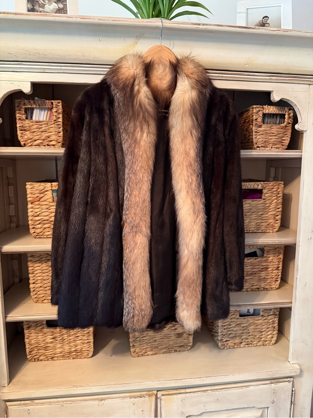 Luxurious Dark Brown Mink Coat with Natural Tan Fox Trim